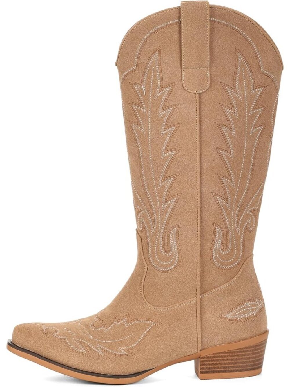 Women's Sand Embroidered Suede Split Mid Calf Chunky Heel Cowgirl Western Boots - Picture 5 of 6